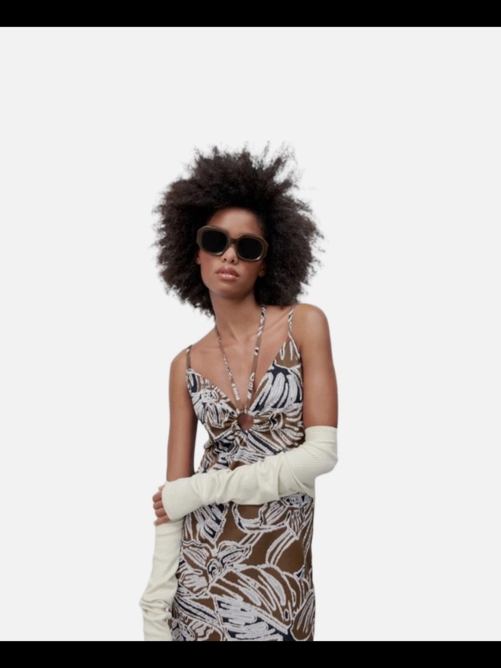 NWOT Zara Jacquard Brown, White and Black Printed Midi Dress Sz M